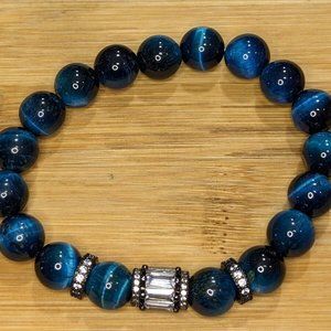 New Unisex New Blue Tiger's Eye Baguette Pave Agate Bracelet 10mm